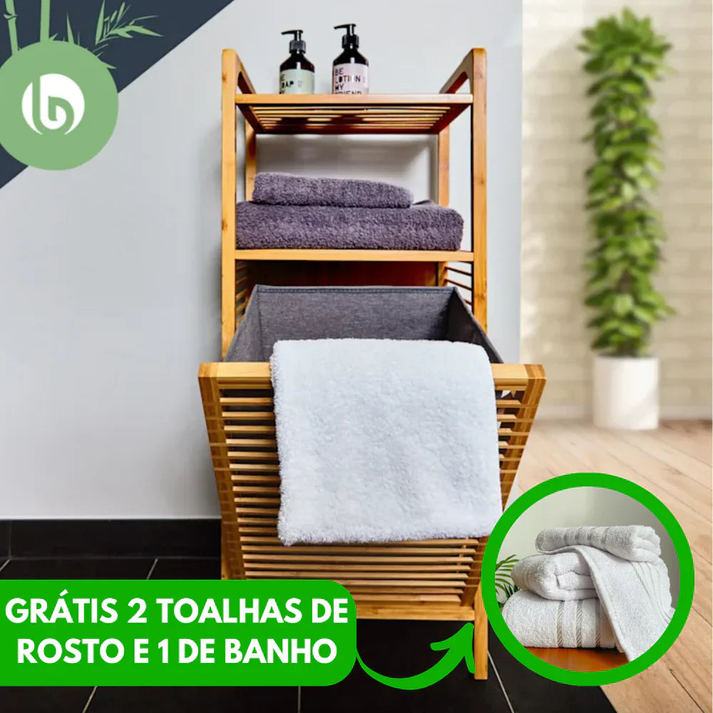 Cesta de lavandería rústica de bambú con múltiples compartimentos (2 toallas faciales gratis y 1 toalla de baño gratis)