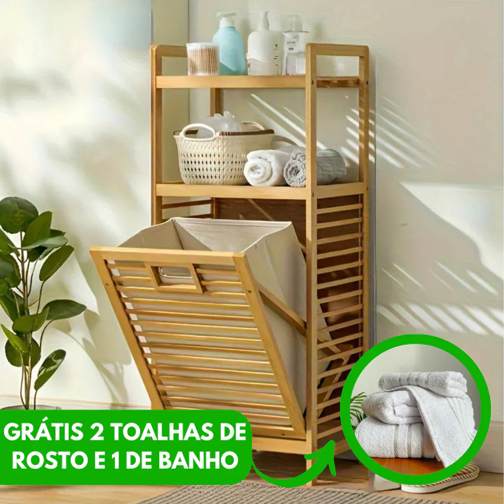 Cesta de lavandería rústica de bambú con múltiples compartimentos (2 toallas faciales gratis y 1 toalla de baño gratis)